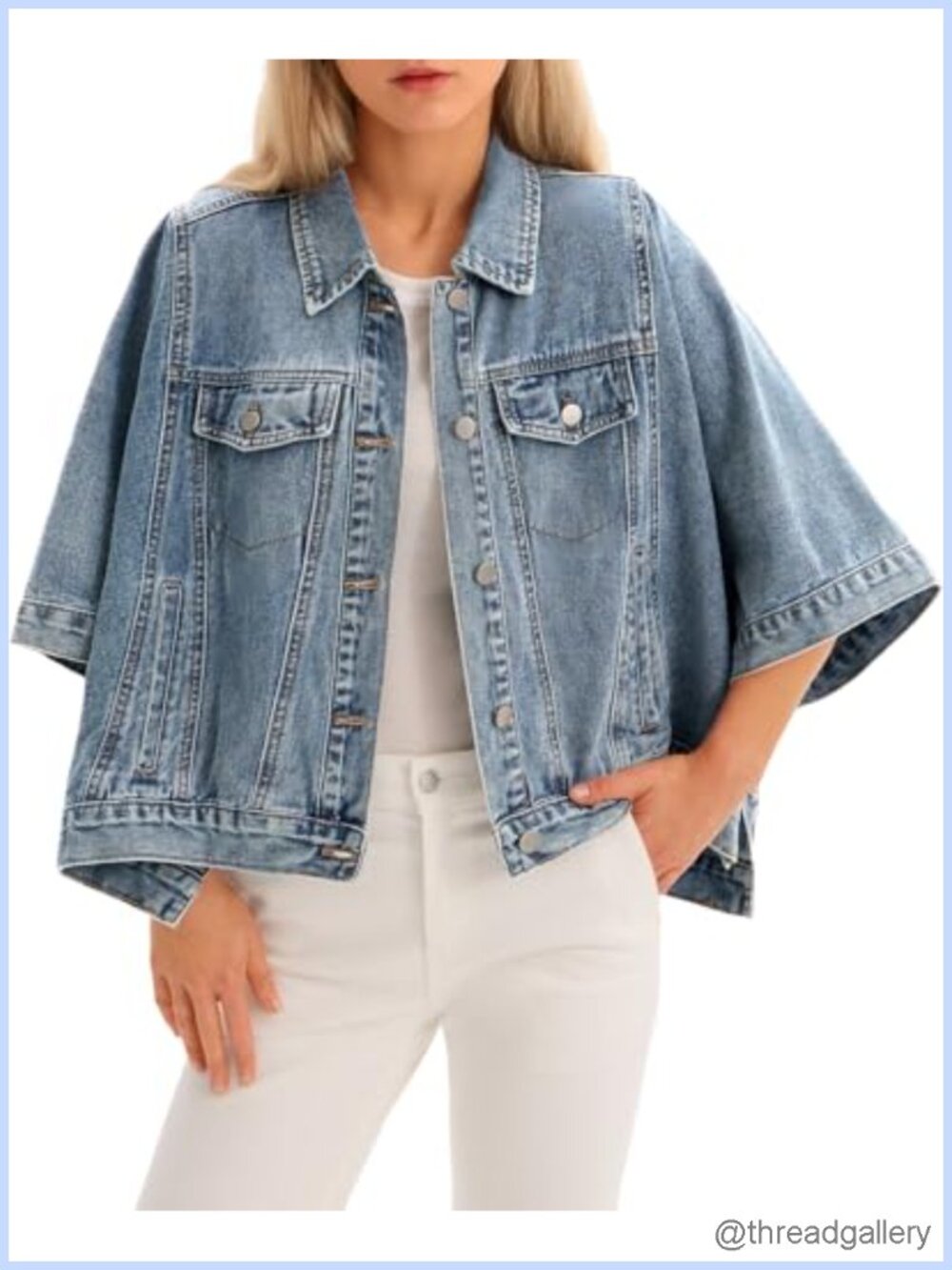 Oversized Cropped Cotton Denim Cape Jacket Half Sleeve Button Down Shacket